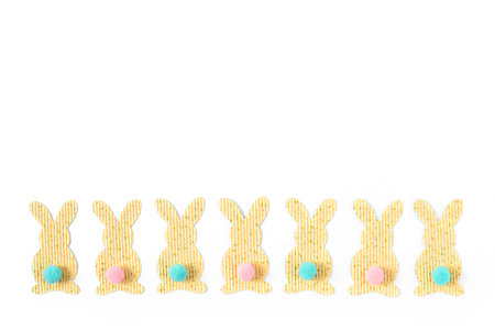 Easter bunny textured paper decorations isolated on white, top view. Free copy space.の写真素材