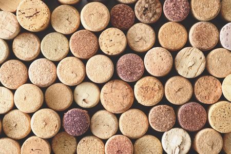 Pile of assorted used wine corks background. Close up top view.