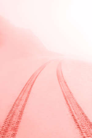 Road on sand goes to fog.の写真素材
