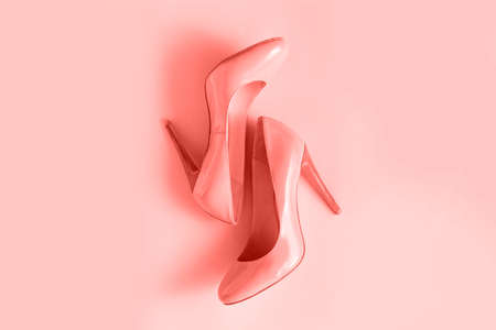 Woman high heel shoes on coral pink background. Fashion blog look. Top view, flat lay.の写真素材