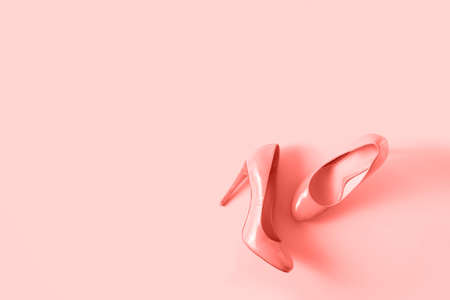 Woman high heel shoes on coral pink background. Fashion blog look. Top view, flat lay.の写真素材