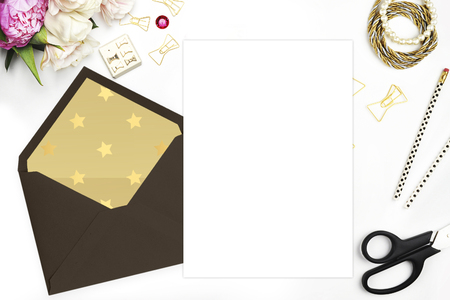 Woman desktop, template card, Mock up for your photo or text Place your work. Peonies and gold stationery. Gold Polka. Header website or Hero websiteの写真素材