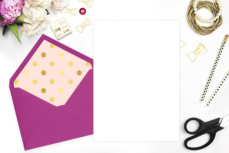 Woman desktop, template card, Mock up for your photo or text Place your work. Peonies and gold stationery. Gold Polka. Header website or Hero websiteの写真素材
