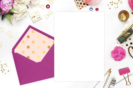 Woman desktop, template card, Mock up for your photo or text Place your work. Peonies and gold stationery. Gold Polka. Header website or Hero websiteの写真素材