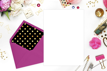 Woman desktop, template card, Mock up for your photo or text Place your work. Peonies and gold stationery. Gold Polka. Header website or Heroの写真素材