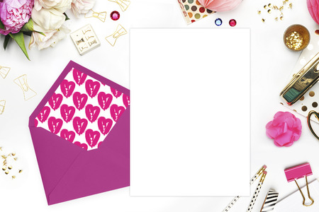 Woman desktop, template card, Mock up for your photo or text Place your work. Peonies and gold stationery. Gold Polka. Header website or Hero websiteの写真素材