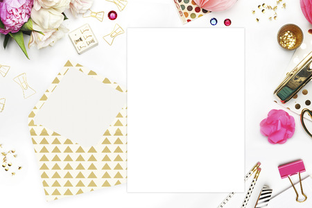 Woman desktop, template card, Mock up for your photo or text Place your work. Peonies and gold stationery. Gold Polka. Header website or Hero websiteの写真素材