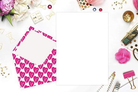 Flat lay. White background. Woman desktop, template card, Mock up for your photo or text Place your work. Peonies and gold stationery. Gold Polka. Header website or Hero websiteの写真素材
