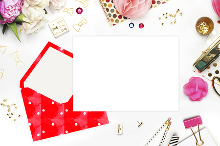 Wedding background. Mock-up for your photo or text Place your work. Woman desktop, template card, Peonies and gold stationery. Gold Polka. Header website or Hero websiteの写真素材
