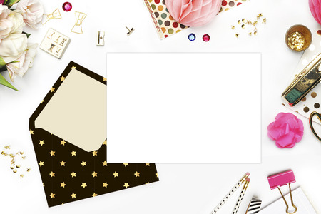 Wedding background. Mock-up for your photo or text Place your work. Woman desktop, template card, Peonies and gold stationery. Gold Polka. Header website or Hero websiteの写真素材
