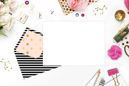 Header website or Hero website, Table view office items, white background mock up, woman desk. Polka gold pattern and black stripeの写真素材