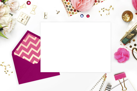 Wedding background. Mock-up for your photo or text Place your work. Woman desktop, template card, Peonies and gold stationery. Gold Polka. Header website or Hero websiteの写真素材