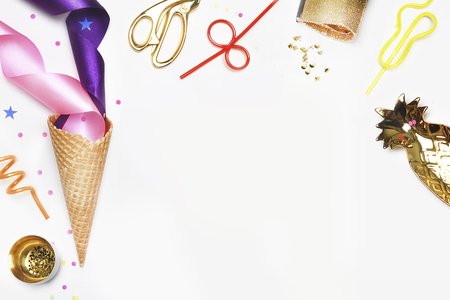 Party background, Drink and eat. Feminine scene, workspace. Product mock-up. Ice cream Cone, tubes for cocktails, handbag. Header website or Hero websiteの写真素材