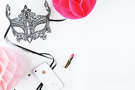 White background woman mock up. Chic and glamour style: mask, lipstick. Table view and modern objects.の写真素材