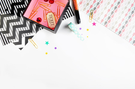 Flat lay. Accessories on the table, woman desk top. View top table, background mock up.の写真素材