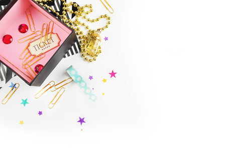 Flat lay. Accessories on the table, woman desk top. View top table, background mock up.の写真素材