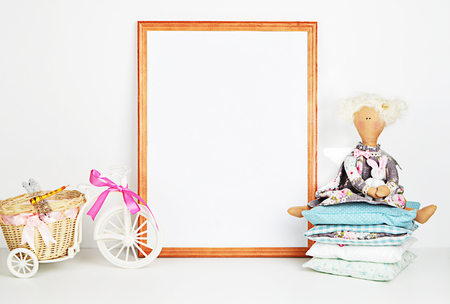 Wood picture frame with decorations. Mock up for your photo or text Place your work, print art. Peonies in vase.の写真素材