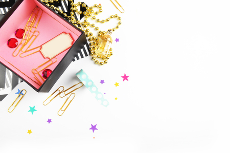 Flat lay. Scrapbook background. Woman mockupの写真素材