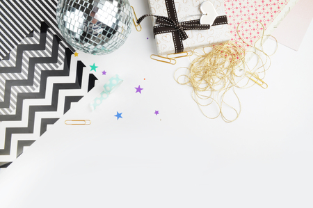 Flat lay. Scrapbook background. Woman mockupの写真素材