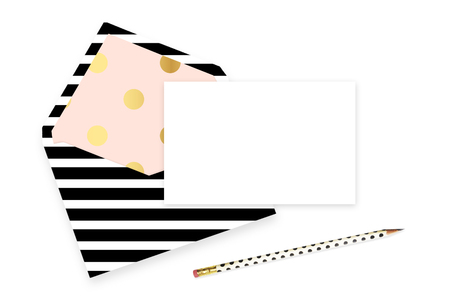 Mock up Invitation, pencil, table view, envelopeの写真素材