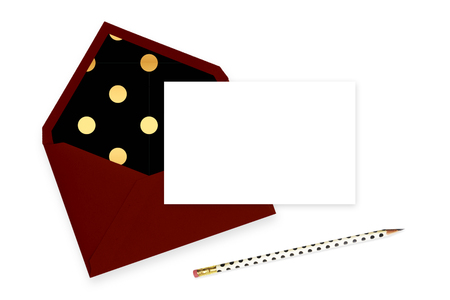 Mock up Invitation, pencil, table view, envelopeの写真素材