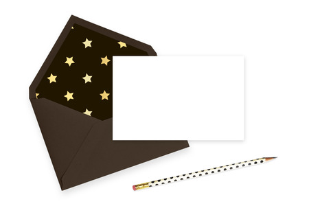Mock up Invitation, pencil, table view, envelopeの写真素材