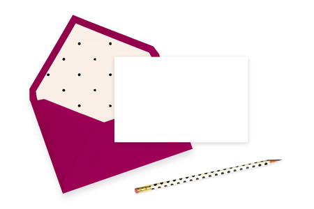 Mock up Invitation, pencil, table view, envelopeの写真素材