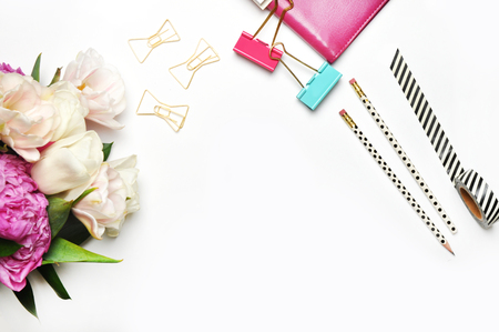 Flat lay. Flower on the table. Stationery items. Table view. Mock-up background. Peoniesの写真素材