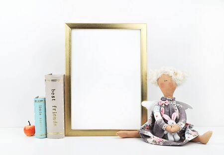 Golden picture frame with decorations. Mock up for your photo or text. Place your work, print artの写真素材