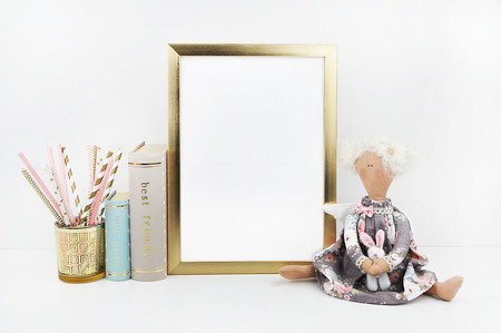 Golden picture frame with decorations. Mock up for your photo or text. Place your work, print artの写真素材