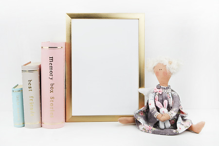 Golden picture frame with decorations. Mock up for your photo or text. Place your work, print artの写真素材