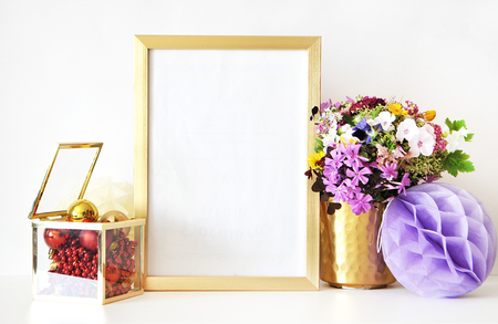 Golden frame mockup for your picture, party style. paper colorful balls. Poster template, Vintage style mockupの写真素材