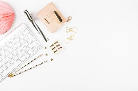 Table view office items, white background mock up, woman desk. Flat lay.の写真素材