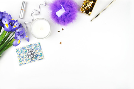 Flat lay. Mock-up product view table gold accessories. stationery supplies. glamour style.Header website or Hero website. Workspace. Home office. Feminine workspaceの写真素材
