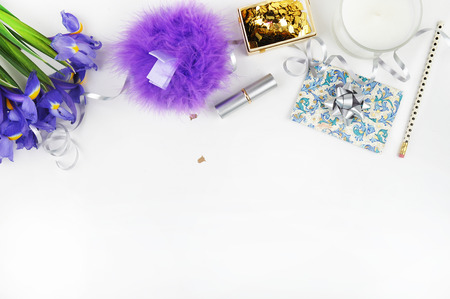 Flat lay. Mock-up product view table gold accessories. stationery supplies. glamour style.Header website or Hero website. Workspace. Home office. Feminine workspaceの写真素材