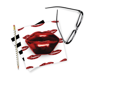 Flat lay.Table view woman items, white background mock up, woman desk. Still life. Red lips. Mock-up.の写真素材