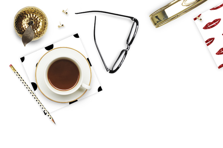 Table view woman items, white background mock up, woman desk. Flat lay. Still life. Coffee. Mock-up.の写真素材