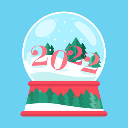 Christmas snow globe on a red stand, a glass ball with the snow, New Year 2022, flat styleのイラスト素材