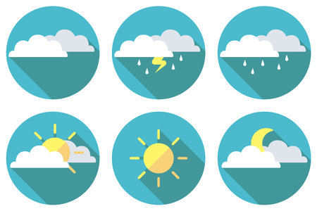 Weather forecast: cloudy, thunderstorm, sunny, rain, partly cloudy, night, flat icon with a long shadowのイラスト素材