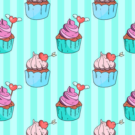 Cupcakes, sketch, seamless vector pattern, doodle, hand drawingのイラスト素材