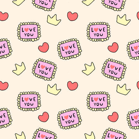 Valentine s Day vector seamless pattern, cute Love you pattern, sketch, seamless vector pattern, doodle, hand drawingのイラスト素材