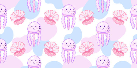 Vector illustration with marine flora and fauna. Seamless pattern with jellyfish and pearl shell