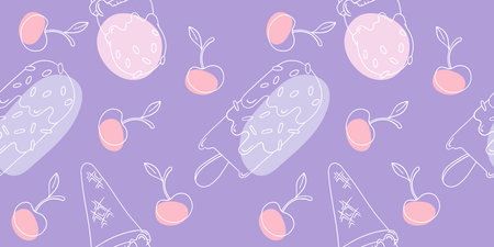 Seamless vector pattern, hand-drawn doodle style. Contours of ice cream and cherries