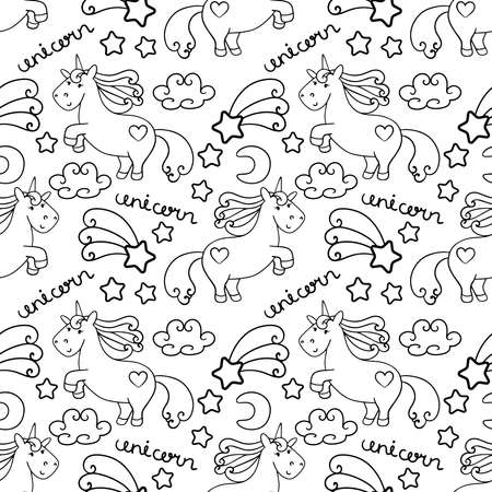 Cute baby unicorn, moon, stars and clouds, seamless vector pattern, hand drawing, black outline isolated on white backgroundのイラスト素材