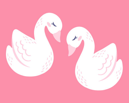 Swans in love, a vector design element in the style of doodles, isolated on a pink backgroundのイラスト素材