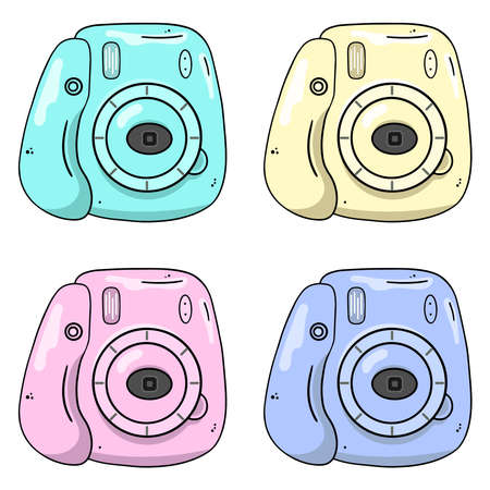 Colorful image photo camera, instax camera, vector design element in the style of doodles, isolated on a white background, hand drawnのイラスト素材