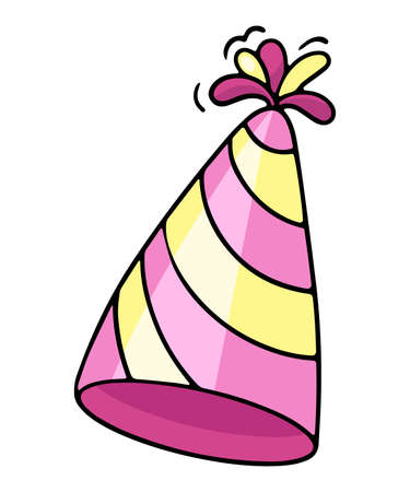 Paper cone cap, party hat, festive paraphernalia for a holiday, birthday, decoration of a fun party, vector design element in the style of doodles, isolated on a white backgroundのイラスト素材