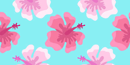 Hibiscus flower, Hawaii, vector seamless pattern in the style of doodles, hand-drawnのイラスト素材