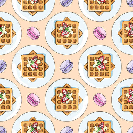 Viennese waffles, breakfast, vector seamless pattern in the style of doodles, hand-drawnのイラスト素材