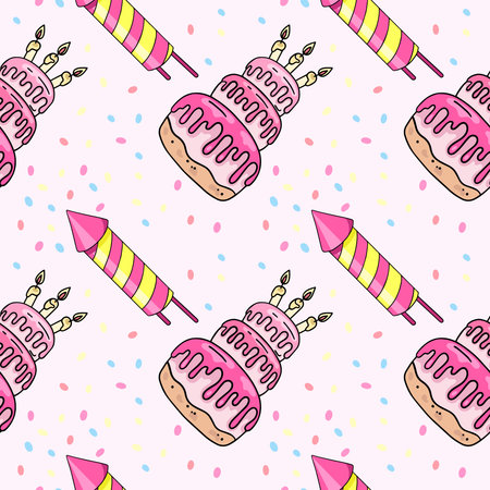 Birthday, birthday cake and fireworks, vector seamless pattern in the style of doodles, hand-drawn